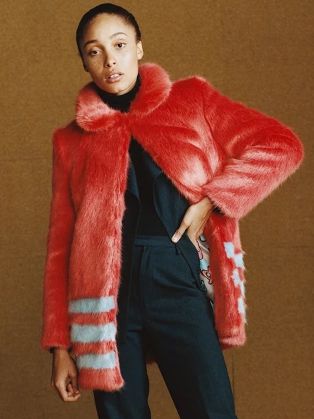 Shrimps Dulcie Faux Fur Jacket Flame Orange and Powder Blue Stripe Fall Winter